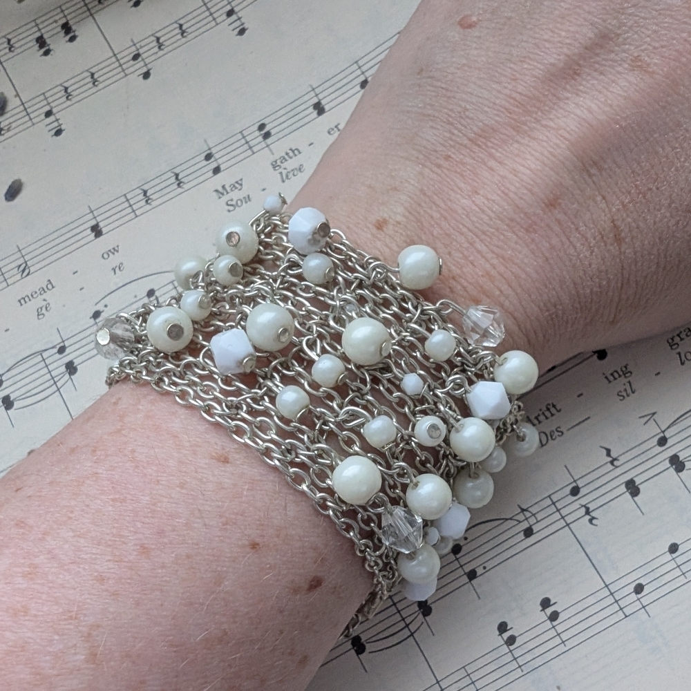 Silver and White Beaded Bracelet